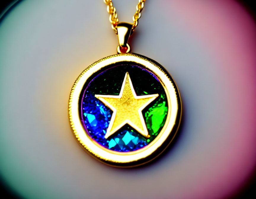 Circular Gold-Rimmed Pendant with Star Design on Blue and Green Background