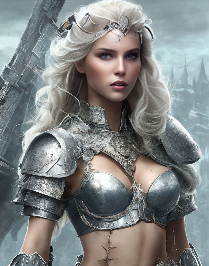 White-haired woman in silver armor and crown before dark castle portrait