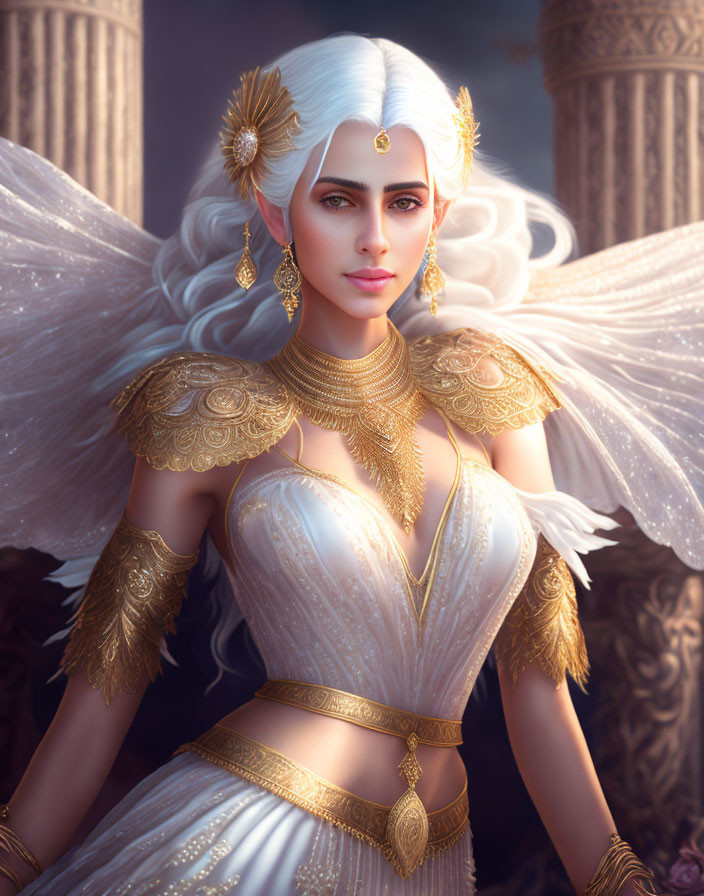 Ethereal woman with white hair, golden jewelry, and feathered wings against classical columns