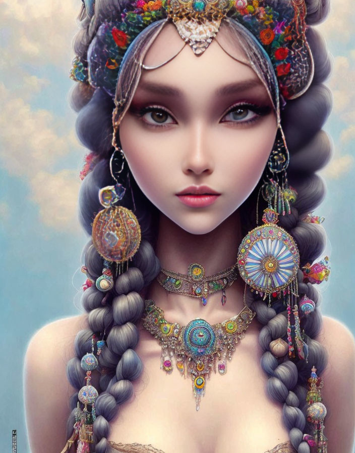 Digital artwork of a woman with expressive eyes, floral headpiece, and braided hair