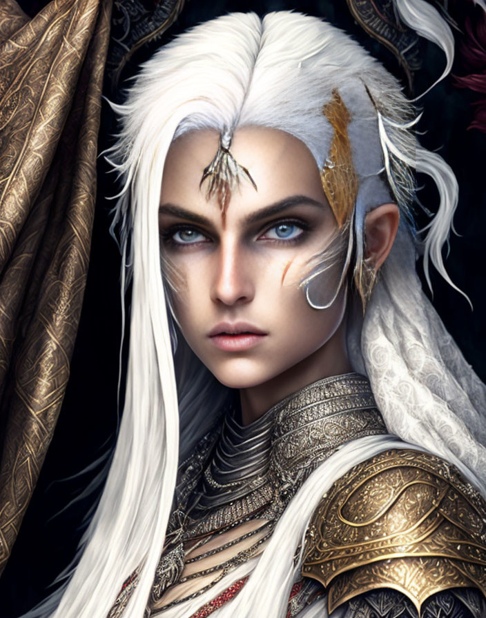 Fantasy character digital artwork with white hair, blue eyes, pointy ears, and ornate golden