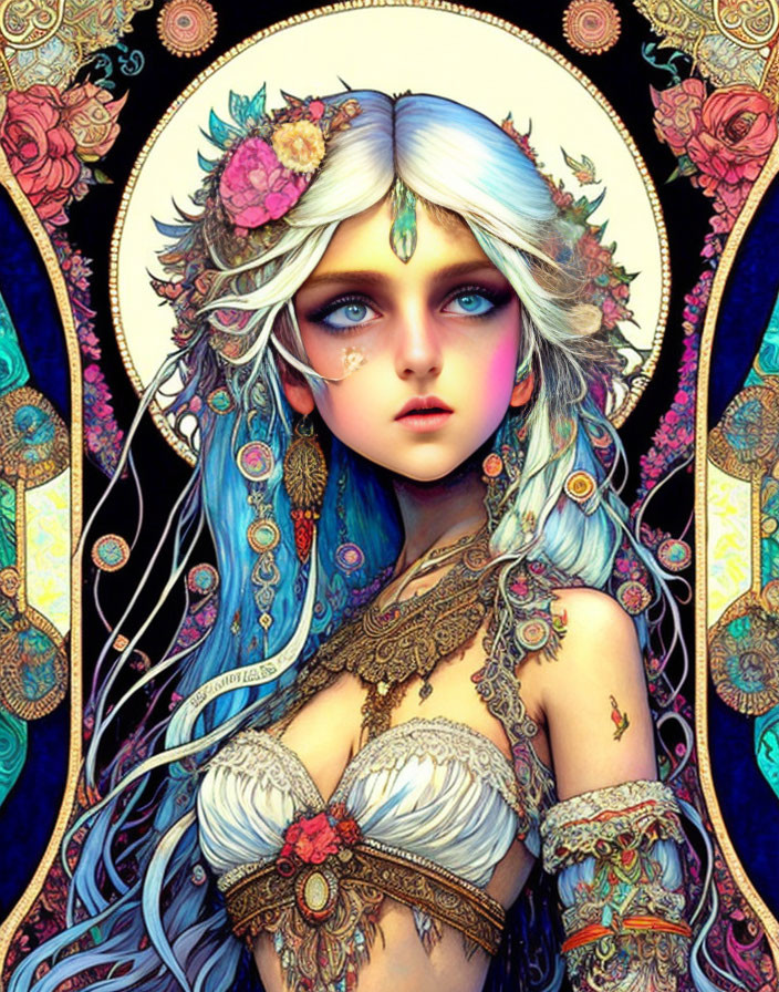 Fantasy illustration of woman with blue hair and eyes in ornate golden frame.