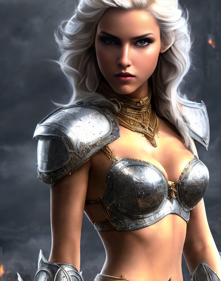 Silver-armored female warrior with white hair in smoky setting