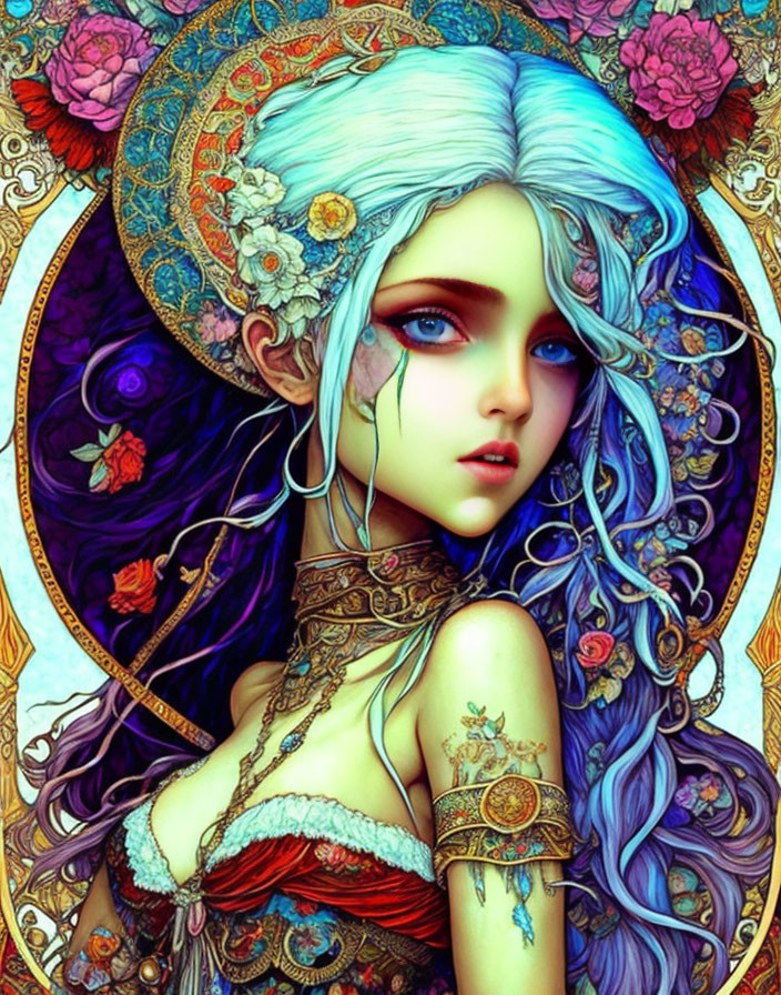 Illustrated portrait of woman with pale skin, white hair, blue eyes, intricate patterns, vibrant flowers