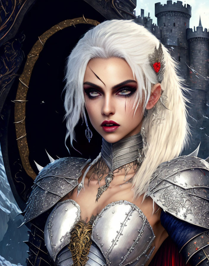 White-Haired Female Warrior in Silver Armor Before Castle Gate