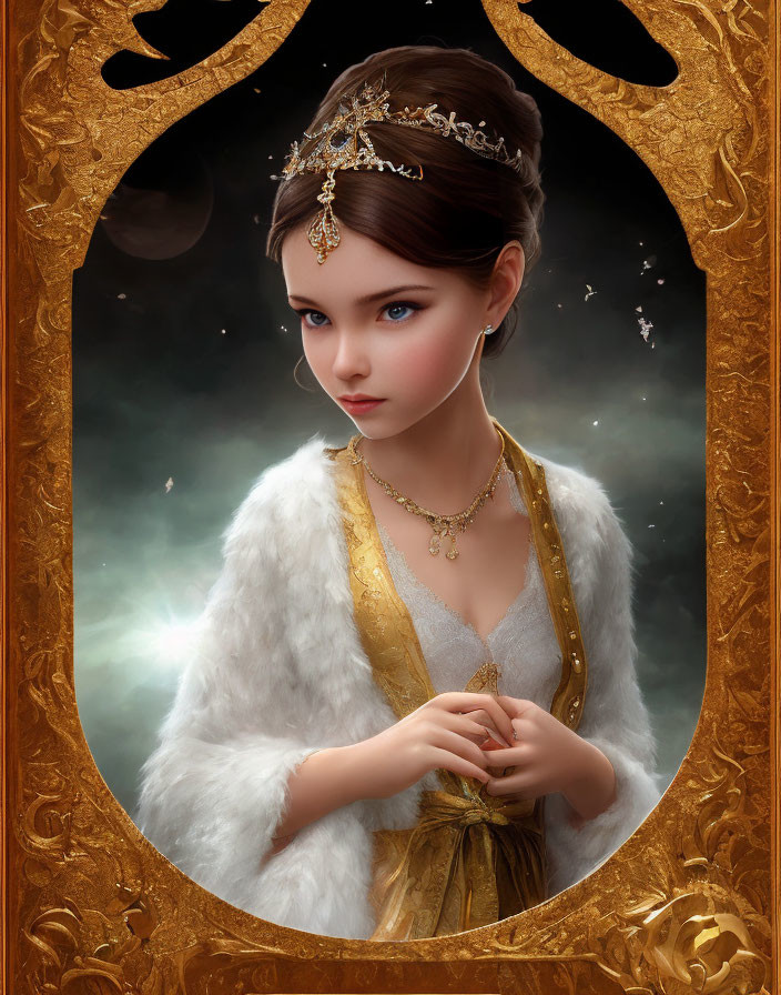 Young woman in golden dress with white fur stole against cosmic backdrop in ornate gold border