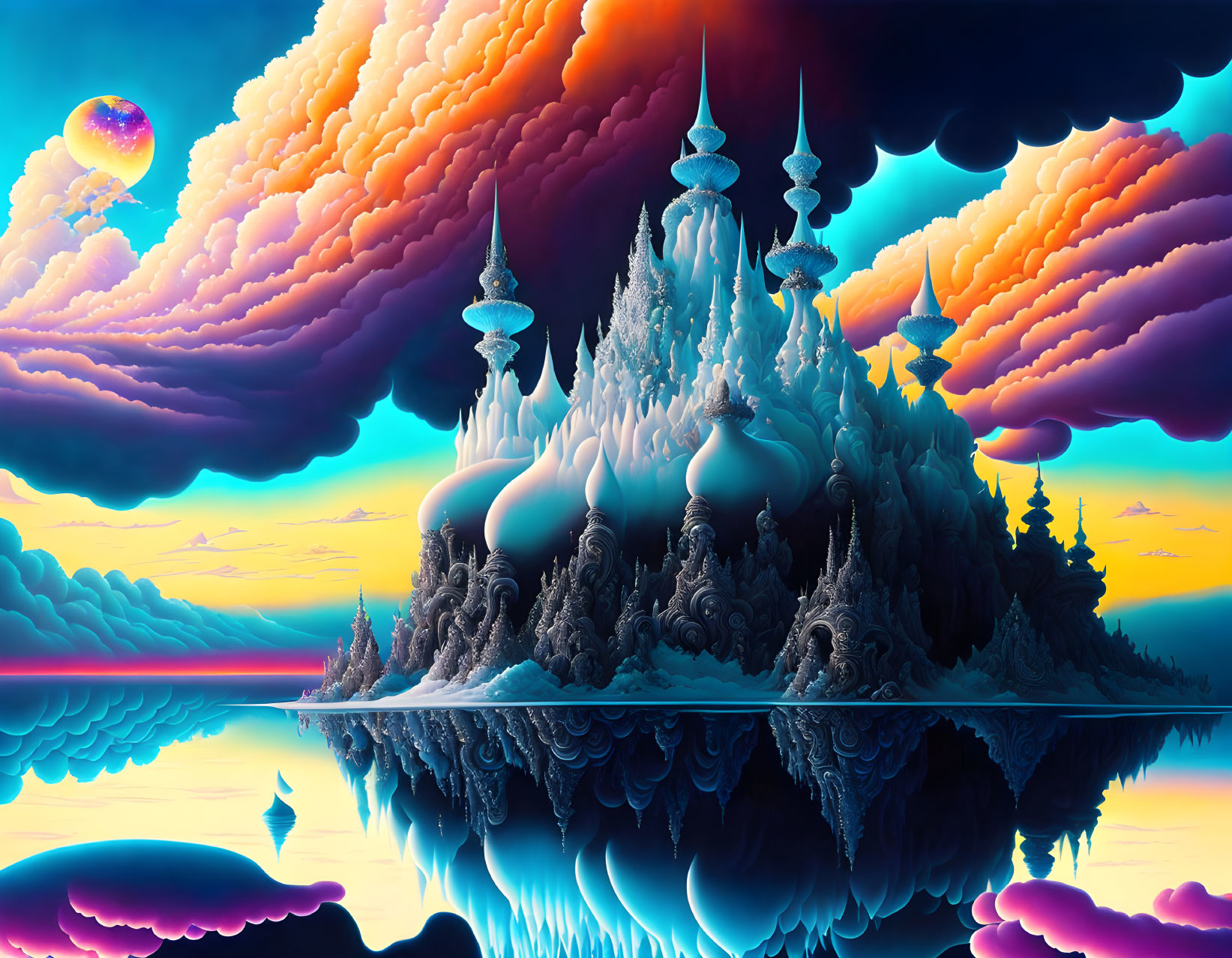 Fantastical landscape with whimsical spire-like structures on an island