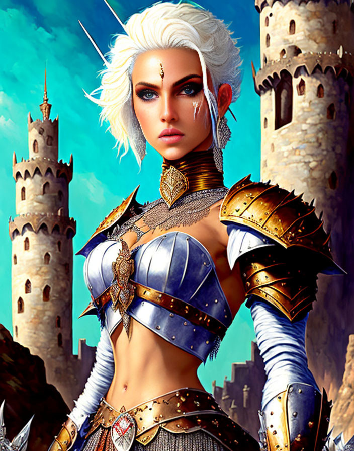 Fantasy female warrior digital art: white hair, blue eyes, golden & blue armor