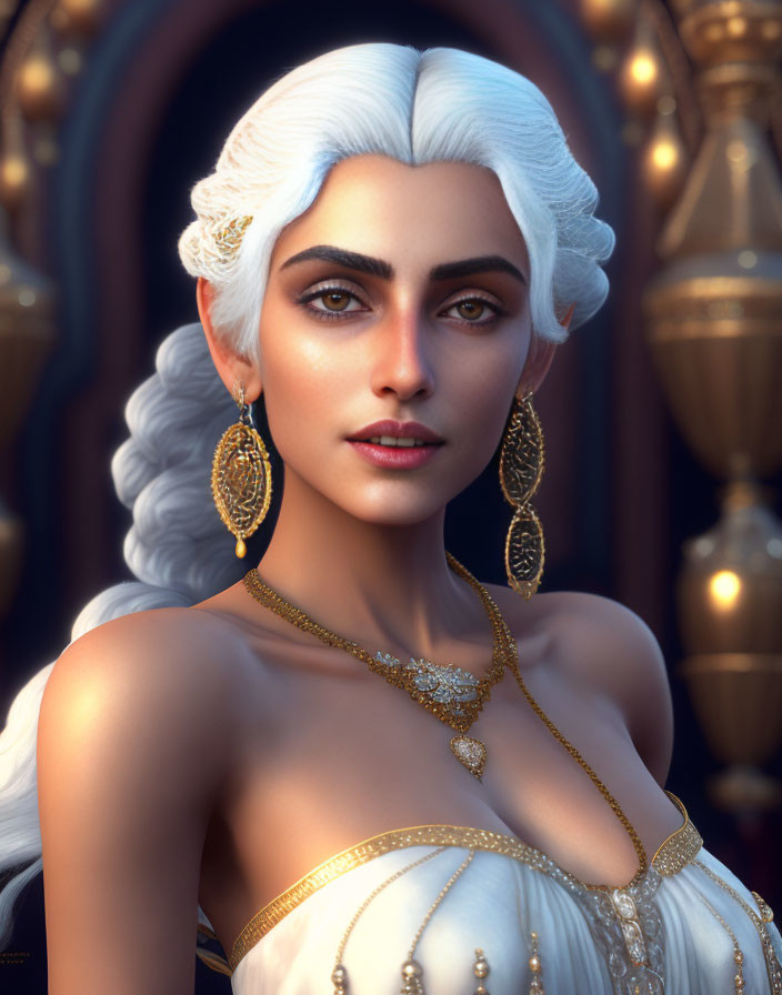 Woman with White Hair and Golden Jewelry in Ornate Setting