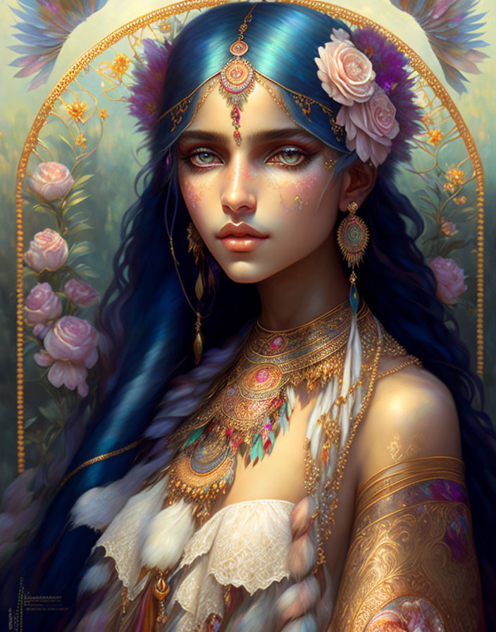 Fantasy portrait: Woman with blue hair, golden headdress, jewelry, tattoos, roses background