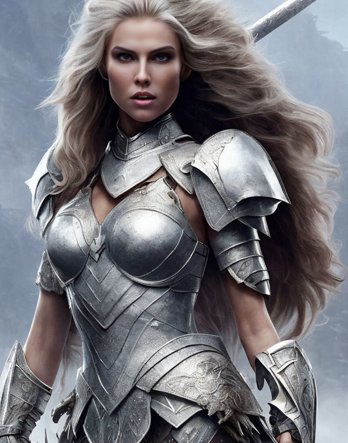 Blonde woman in silver armor wielding weapon in misty landscape