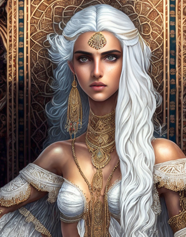 Digital portrait of woman with long white hair and gold jewelry on ornate golden background