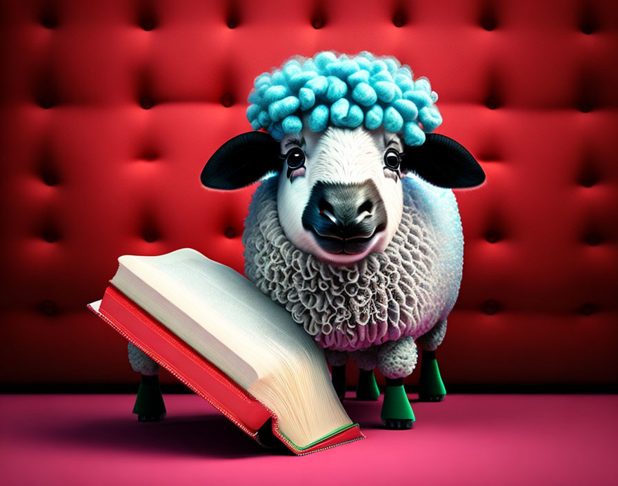 Blue Wool Sheep Reading Book on Pink Background