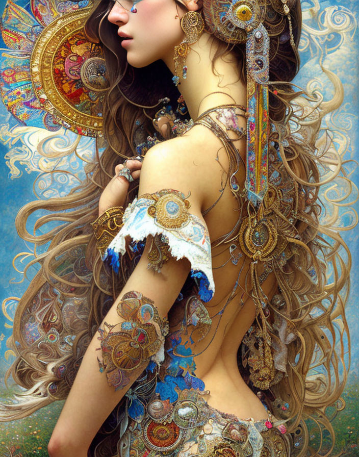 Woman adorned with golden jewelry and tattoos in ornate swirl of colors.