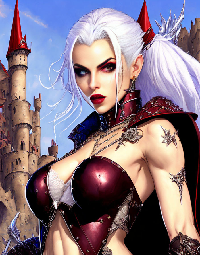 Fantasy character with pale skin, white hair, red eyes, in red and silver armor.