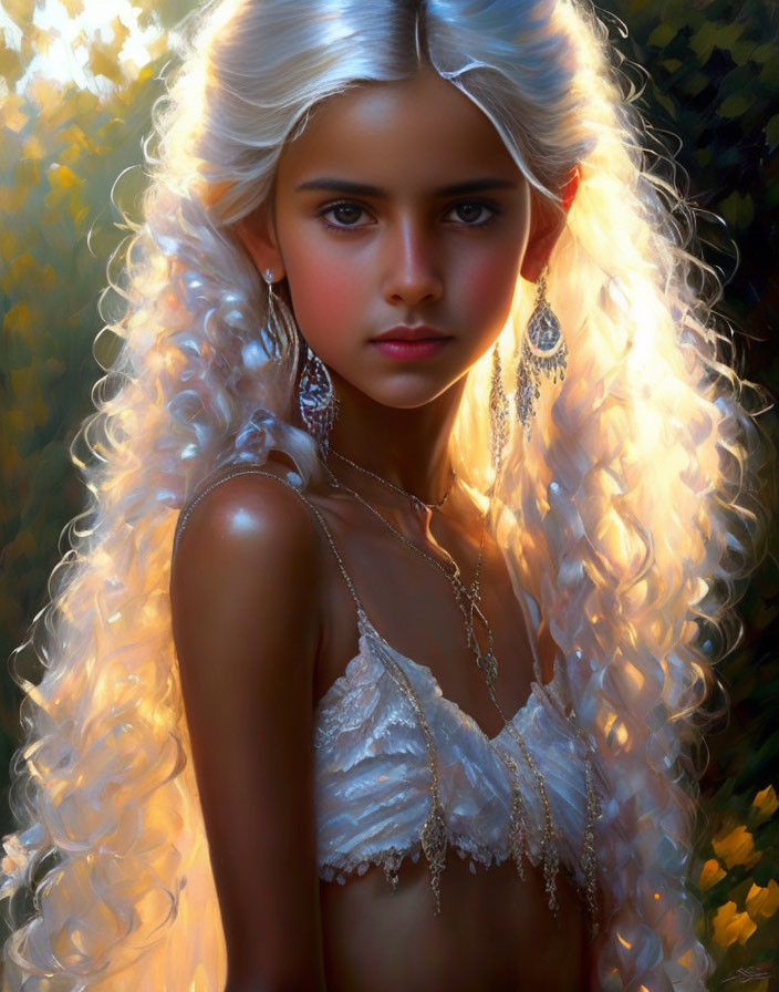 Young girl with curly blonde hair in white lace attire and golden backlight