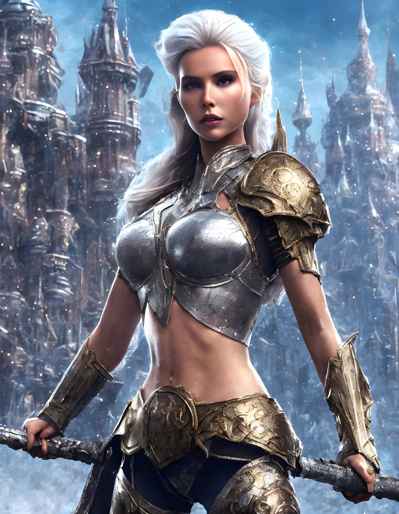 Digital artwork of female warrior in silver armor before castle in misty sky