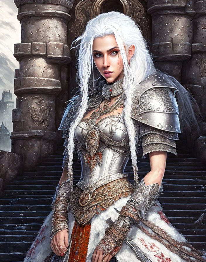 White-haired female warrior in silver armor on castle stairway