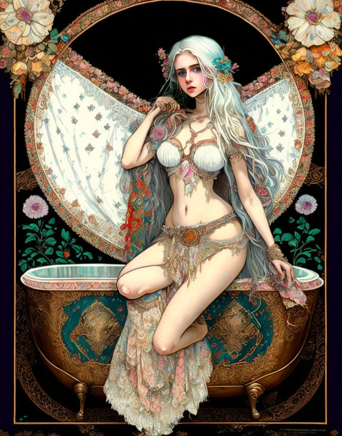 Fantasy character with white hair and wings in floral bathtub scene