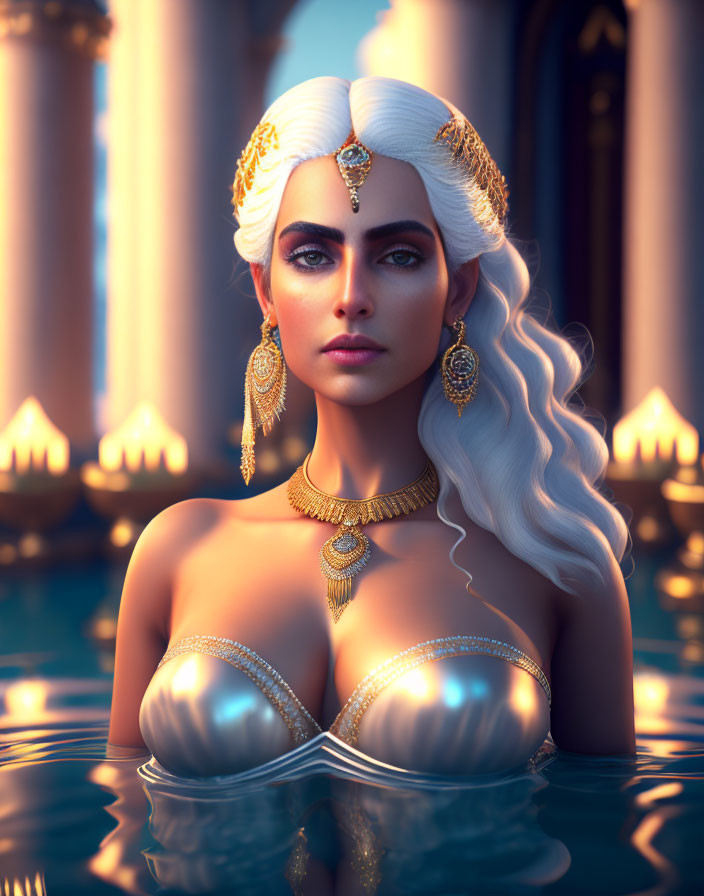 3D-rendered image of woman with blue eyes and white hair in luxurious setting