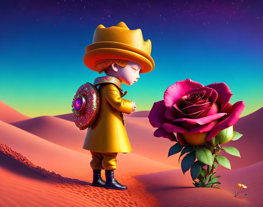 Colorful Child in Yellow Outfit with Oversized Rose in Desert Night Sky