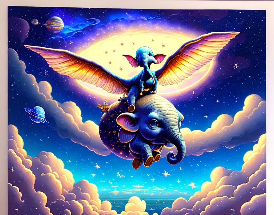 Surreal illustration: Winged elephants flying in cosmic sky