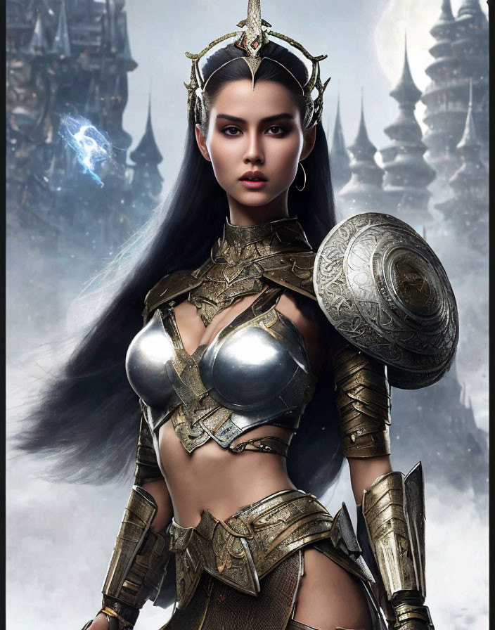 Fantasy warrior woman in ornate armor with shield and magical orb in front of castle.