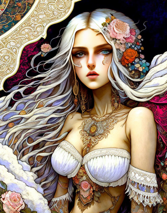 Detailed fantasy illustration of woman with long white hair and floral jewelry on dark background