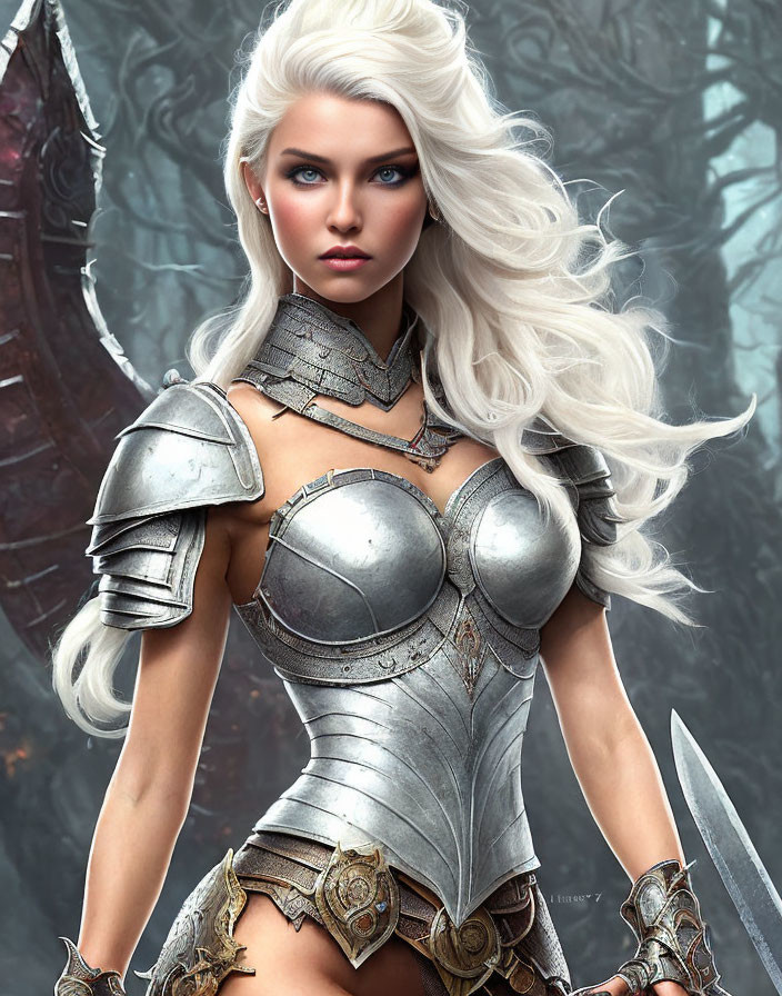 Fantasy female warrior digital artwork with white hair and blue eyes