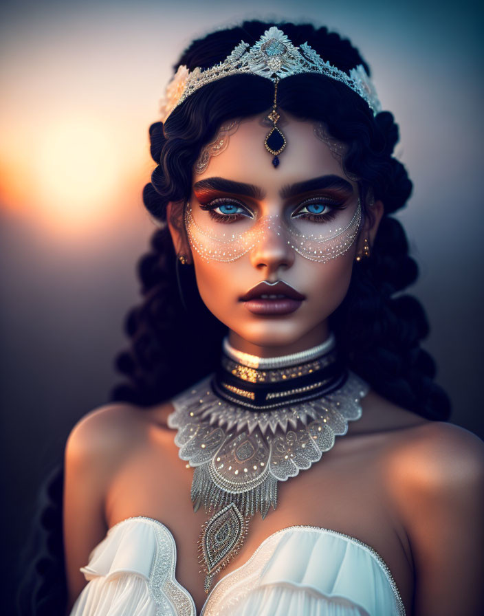 Blue-eyed woman with curly hair in ornate jewelry against sunset.