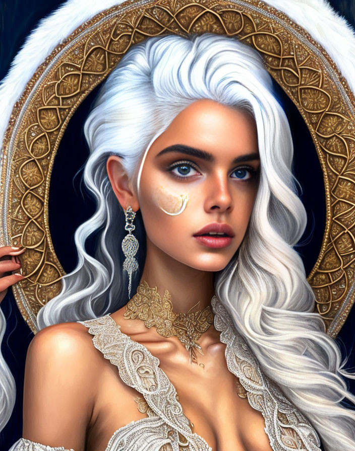 Digital artwork: Woman with blue eyes, white hair, golden jewelry on round backdrop