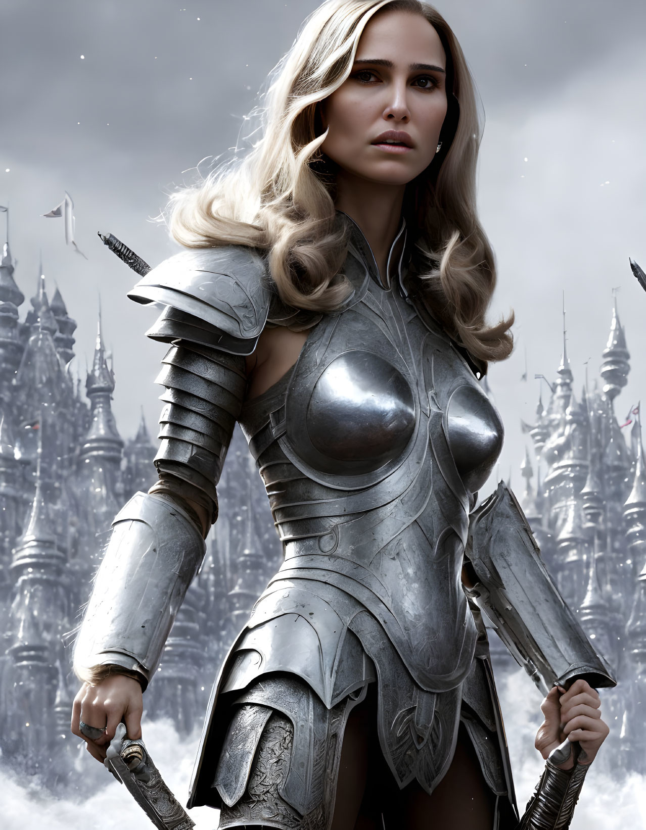 Detailed Woman in Silver Armor with Sword Against Dark Castle Skyline