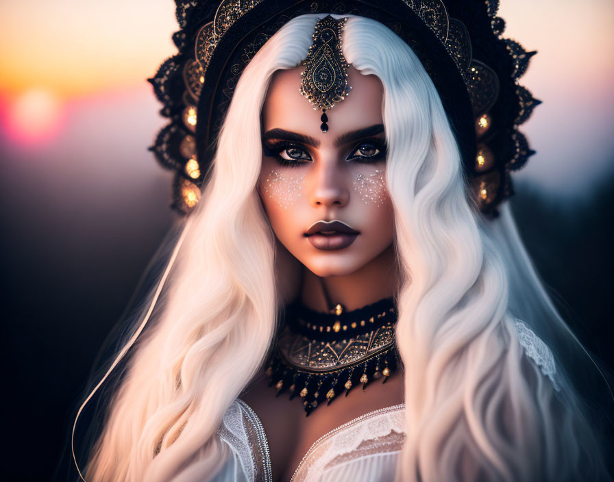 Portrait of person with white hair and intricate headdress, glittery makeup against sunset.