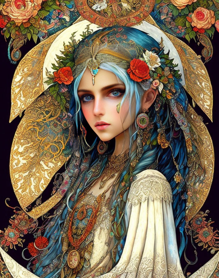 Digital Artwork Featuring Individual with Blue Eyes and Ornate Headdress