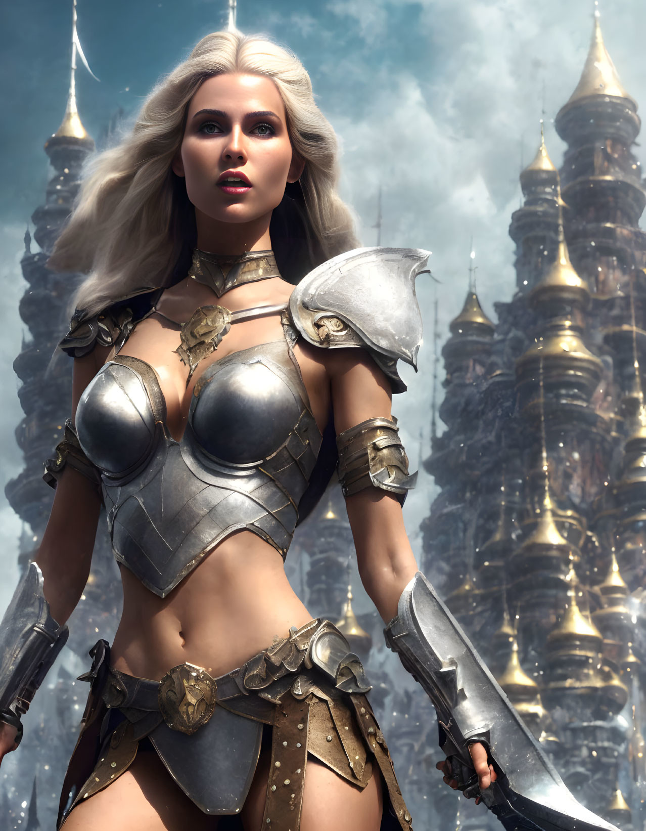 Female warrior in intricate metallic armor with sword, standing in front of towering spires