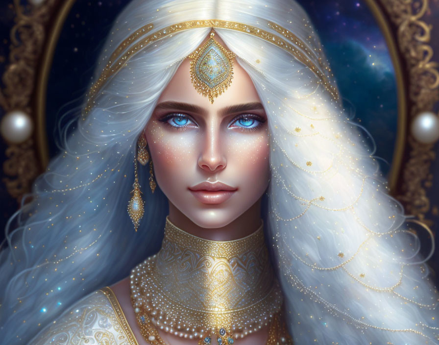 Fantasy Female Character with White Hair and Celestial Background