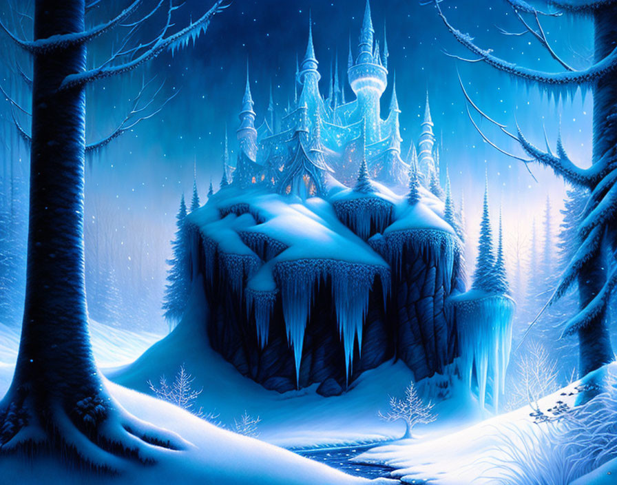 Snow-covered castle in wintry forest under night sky with magical lights.