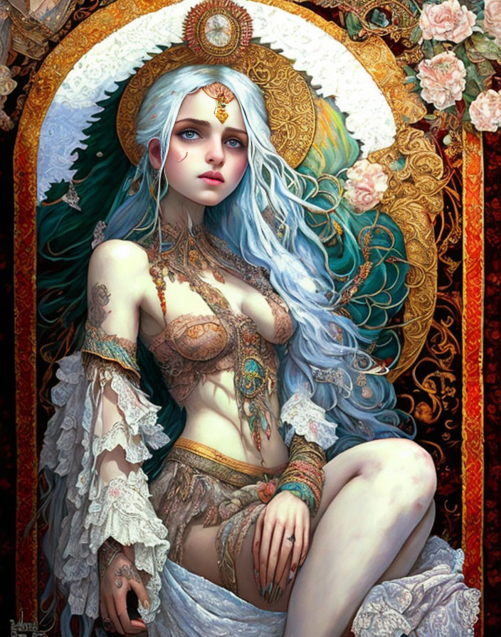 Blue-haired female figure with ornate jewelry in mystical setting