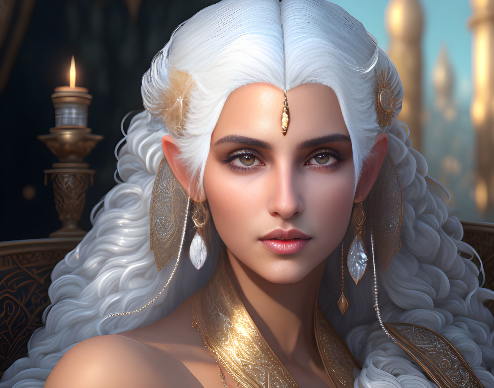 Female elf digital portrait with white hair, gold jewelry, and architectural backdrop