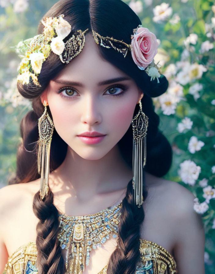 Dark Braided Hair Woman with Floral Headpiece and Golden Jewelry Against Floral Background