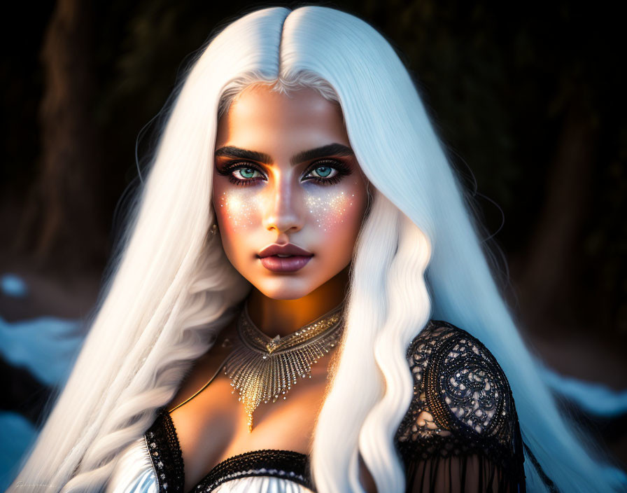 Portrait of woman with blue eyes, white hair, galaxy makeup, star freckles under warm light