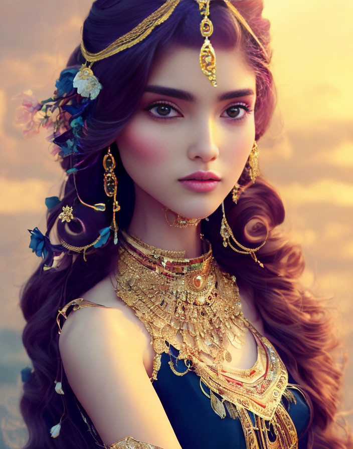 Purple-haired woman with gold jewelry and blue floral accents under golden hour light.