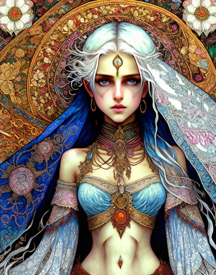 Fantastical female figure with blue hair and ornate golden accessories on colorful background.