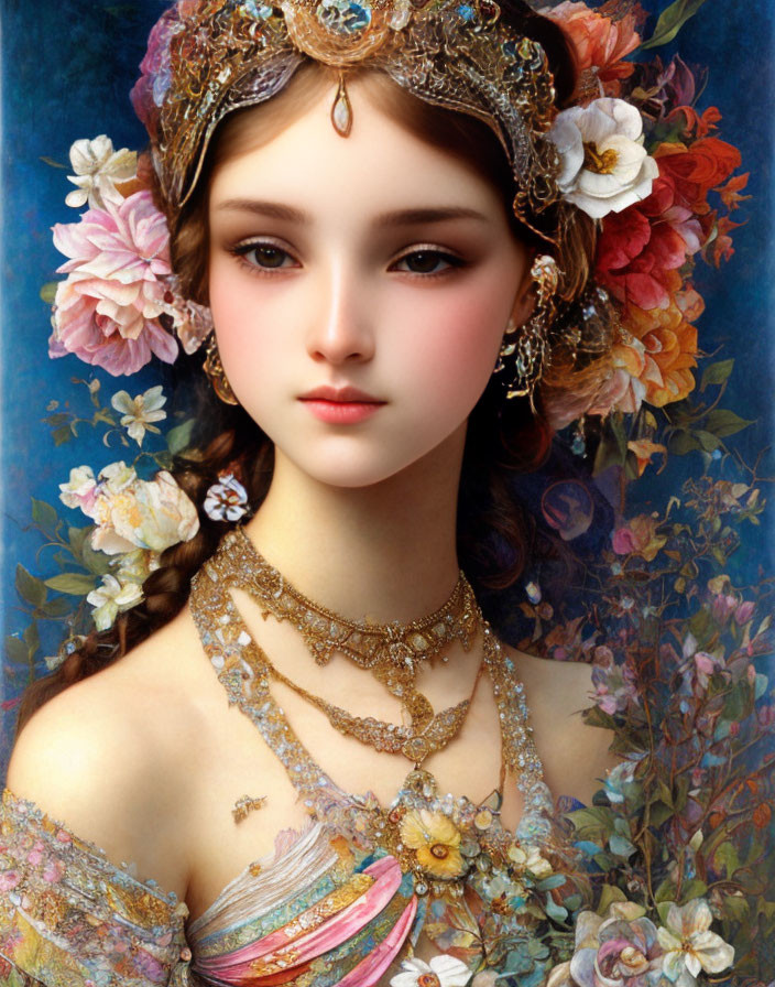 Young lady portrait with adorned headpiece and intricate jewelry on floral background