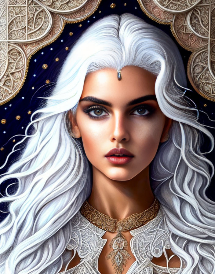 Striking digital portrait of a woman with white hair and ornate accessories