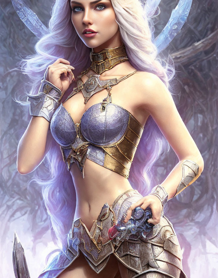 White-haired female warrior in silver armor with purple accents, wielding a sword in mystical setting