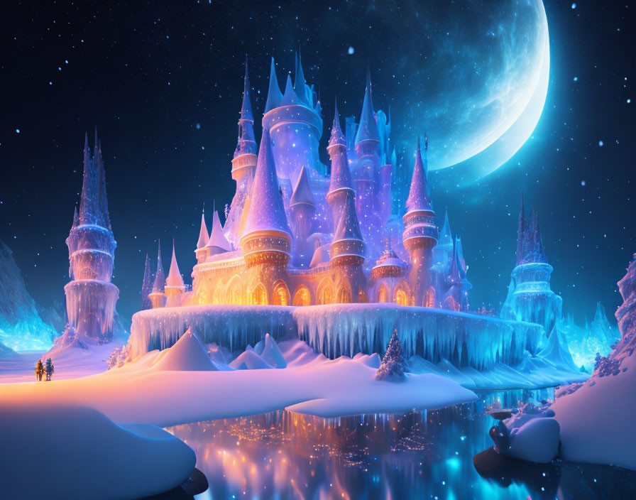 Majestic castle under crescent moon in snowy landscape