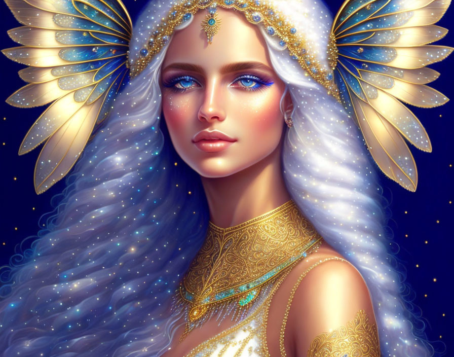 Ethereal female figure with blue eyes, golden jewelry, tiara, white hair, and celestial