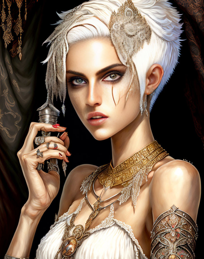 Digital portrait of woman with white hair, blue eyes, ornate jewelry, perfume bottle, feather accessory