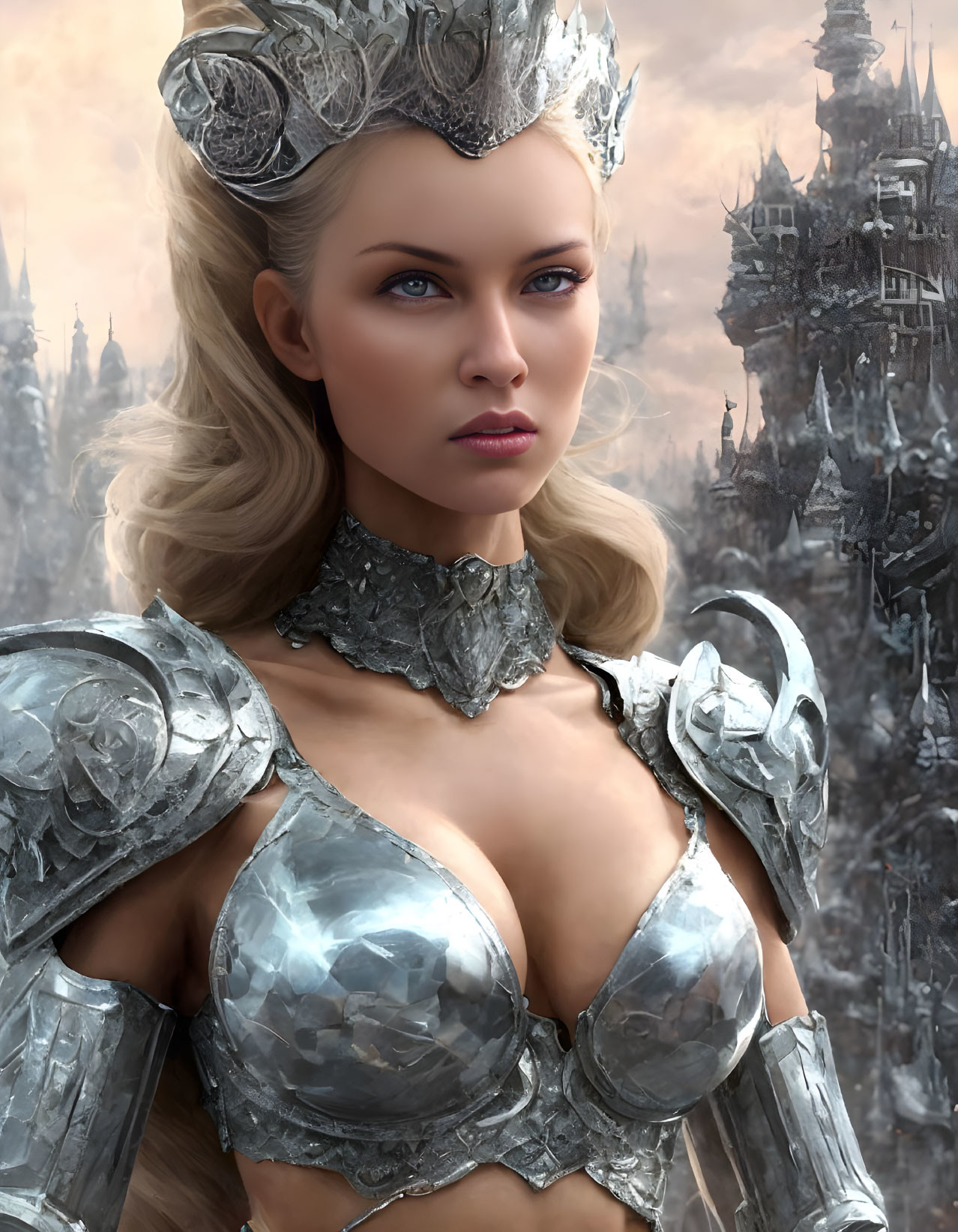 Female Warrior in Silver Fantasy Armor with Crown Against Ominous Dark Spires